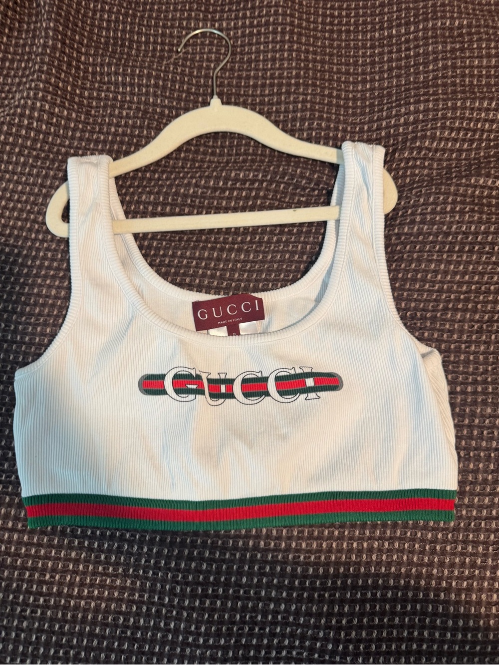 Gucci White Ribbed Logo Crop Top with Green-Red Trim